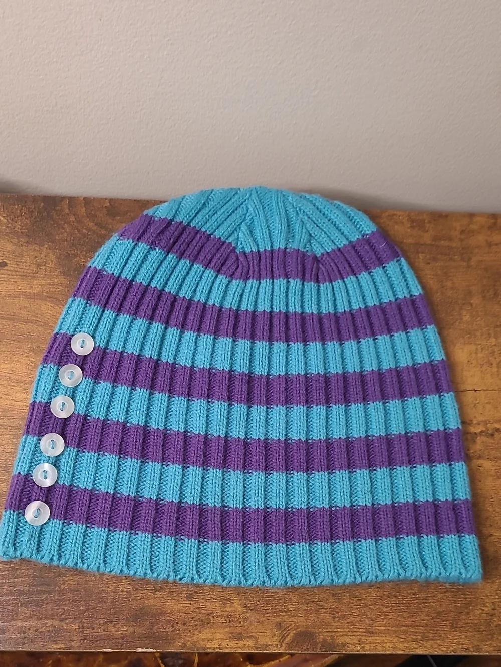 Teal & Purple Striped Knit Beanie Hat with Matching Mittens